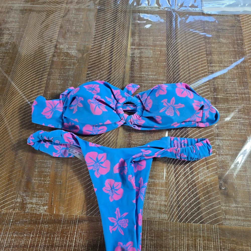 Floral Hibiscus Bikini Set Blue Pink O-Ring Bandeau High Cut Cheeky Swimsuit M